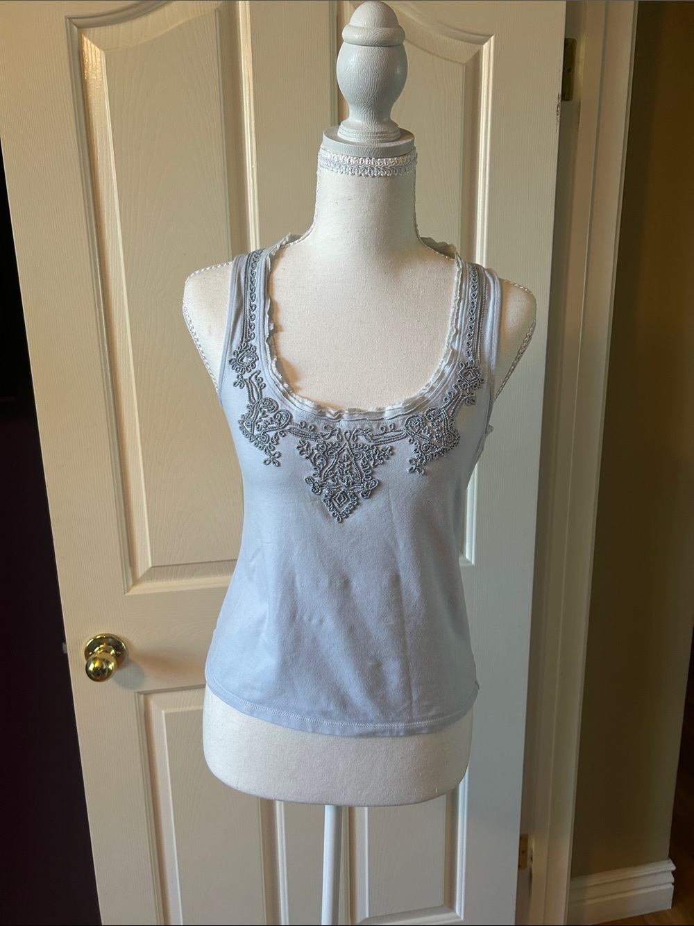 Dkny Light Blue Embroidered Scoop Neck Tank